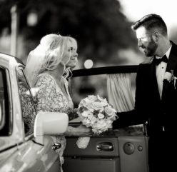 Check out this beautiful wedding couple getting out of a vintage car for their wedding transportation in the Central Florida area.